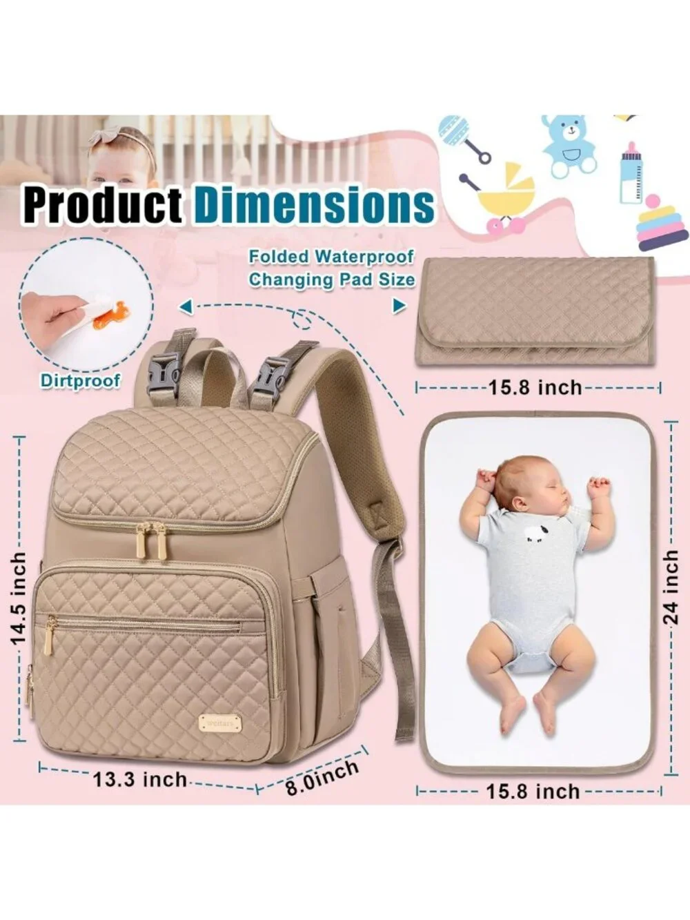 Large Diaper Bag Backpack with Changing Pad, Insulated Pockets & Stroller Straps